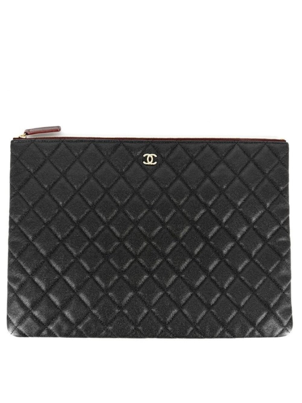 Chanel Clutch Quilted Second CC Logo Caviar Leather Black Gold